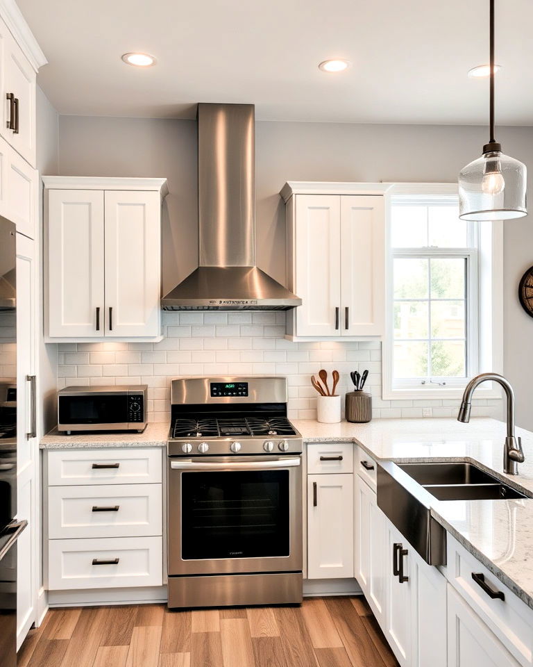 modern white cabinets with stainless steel appliances