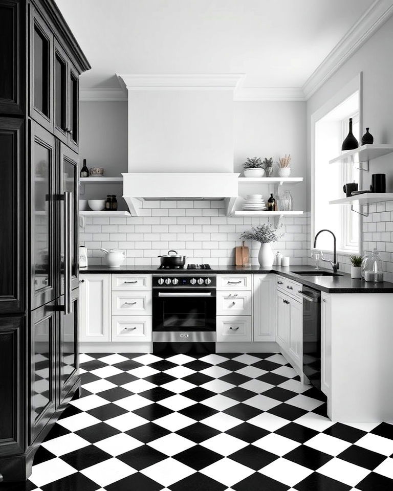 monochromatic kitchen with checkered floors