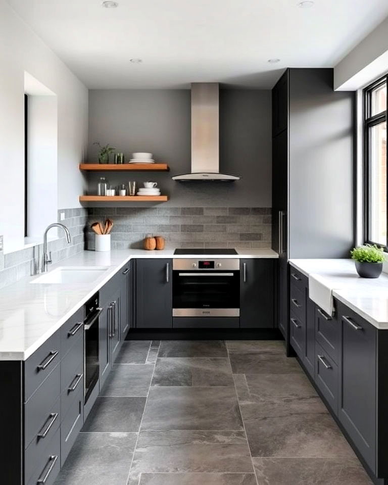 monochromatic kitchen with gray slate floor