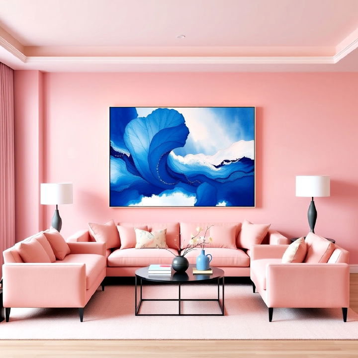 monochromatic pink living room enhanced by blue artwork