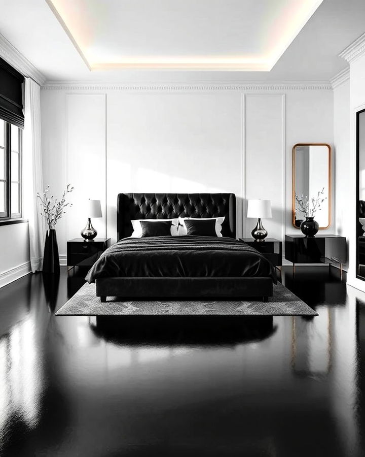 monochrome elegance with black flooring bedroom