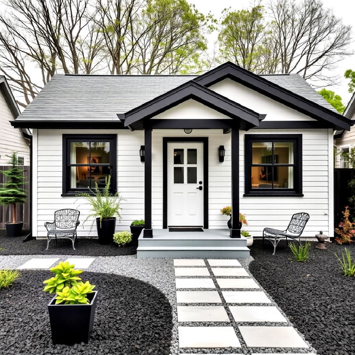 monochrome landscaping for white house