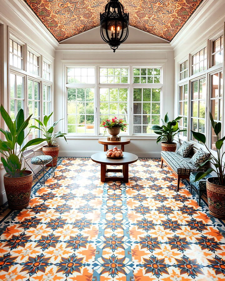 moroccan inspired tiles floor sunroom