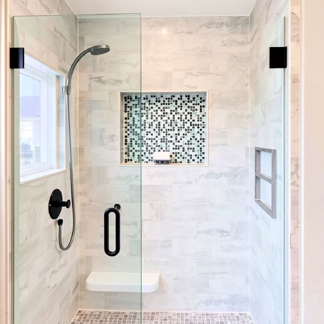 mosaic tile accents walk in shower