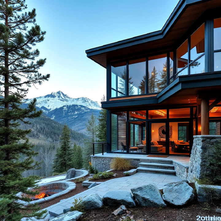 mountain home with large black framed windows