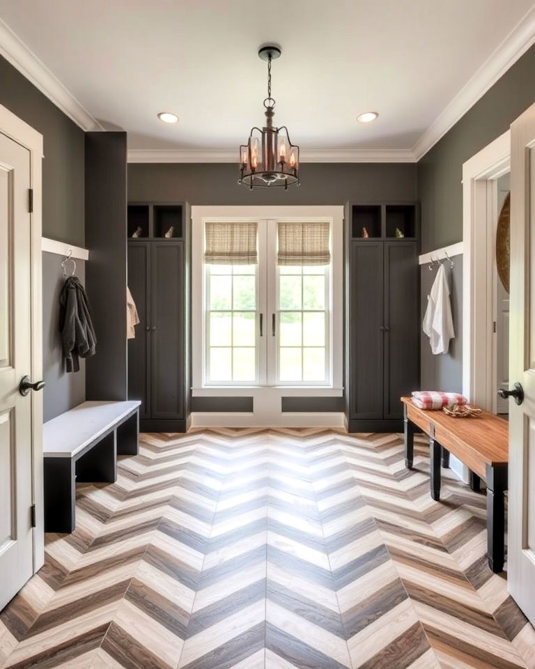 mudroom chevron tile floor design