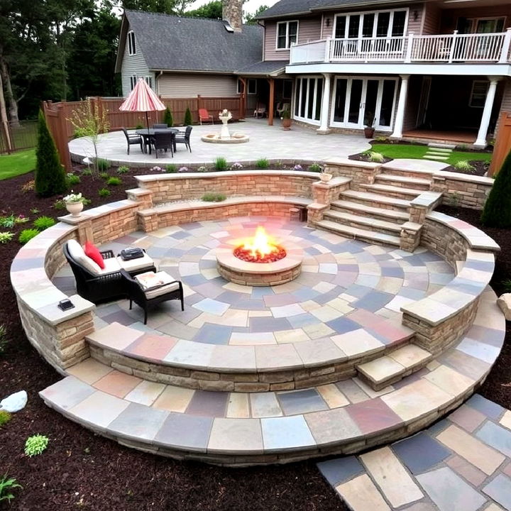 multi level stone patio with fire pit