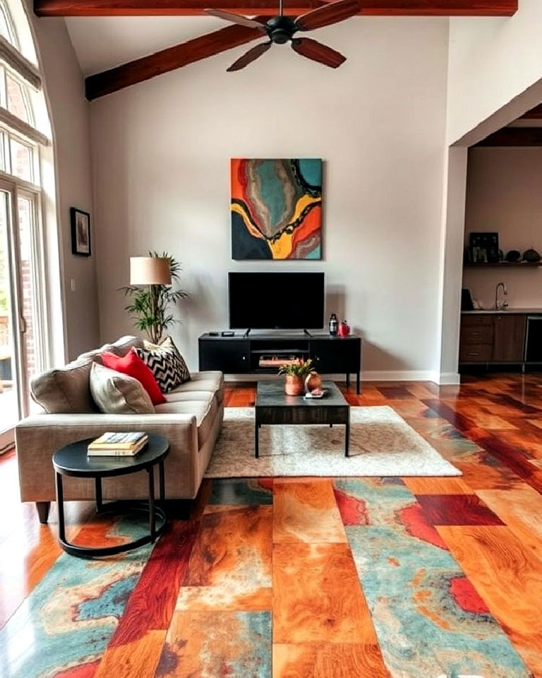 multicolored stained living room concrete floor