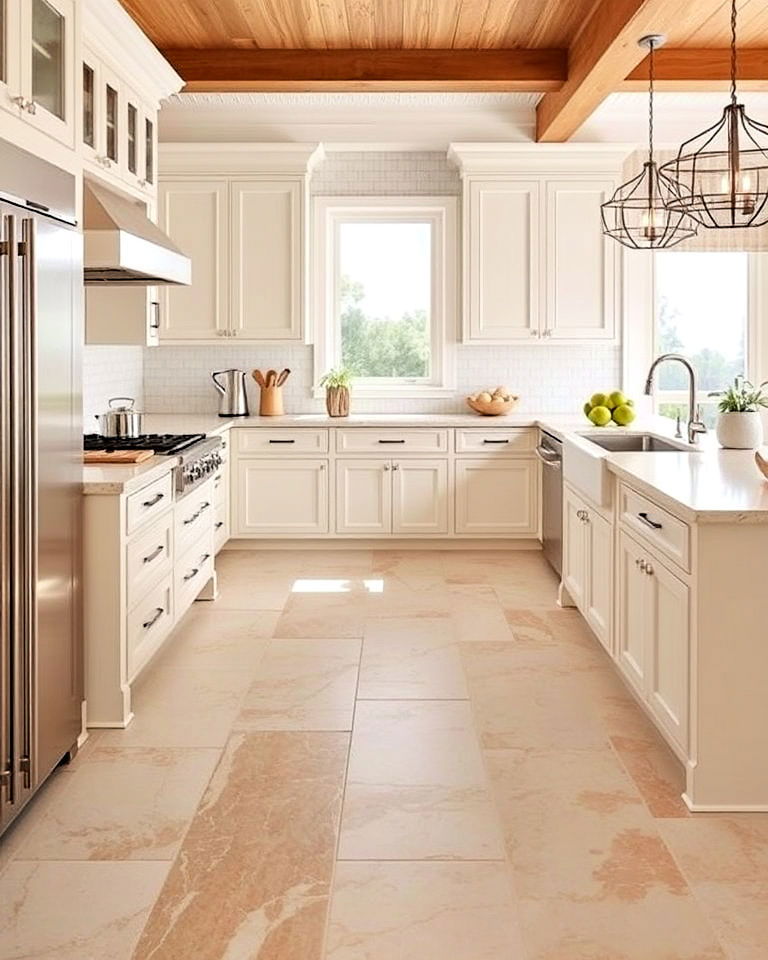 multicolored travertine tiles floor kitchen