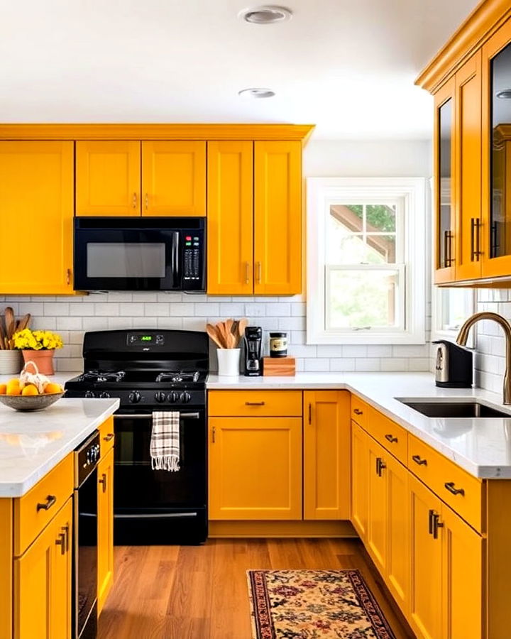 mustard yellow cabinets paired with black appliances