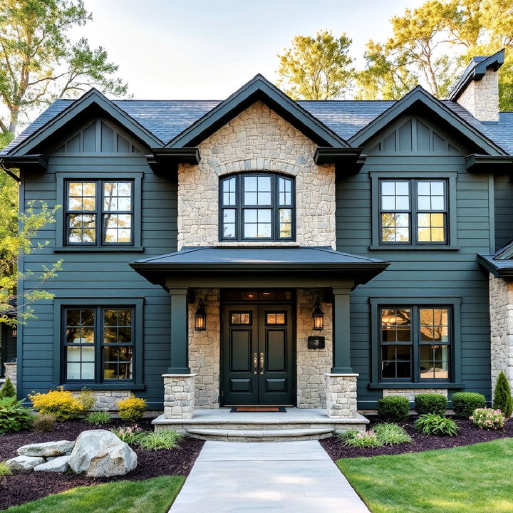 natural stone elements with a dark green exterior home