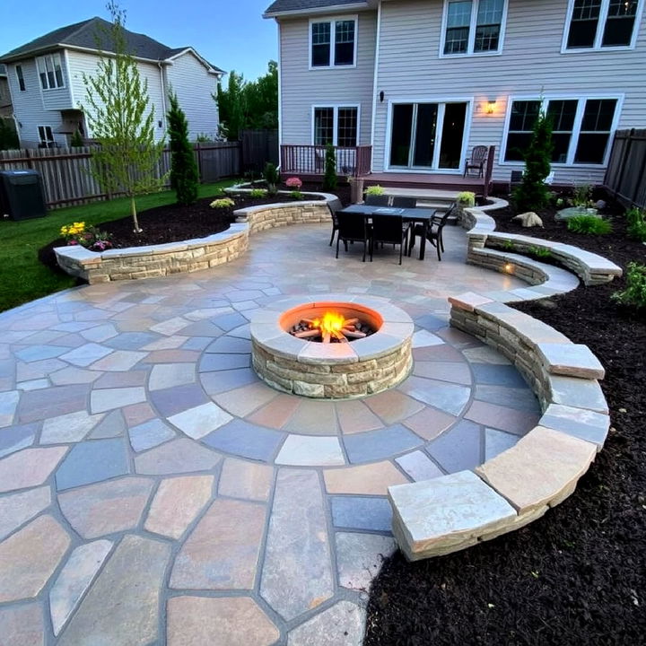 natural stone look patio with sunken fire pit design