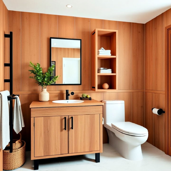 natural wood accents bathroom paired with sleek black