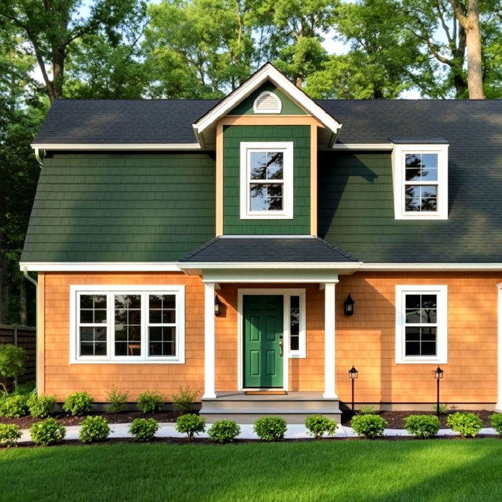 nature inspired dark green with light wood siding