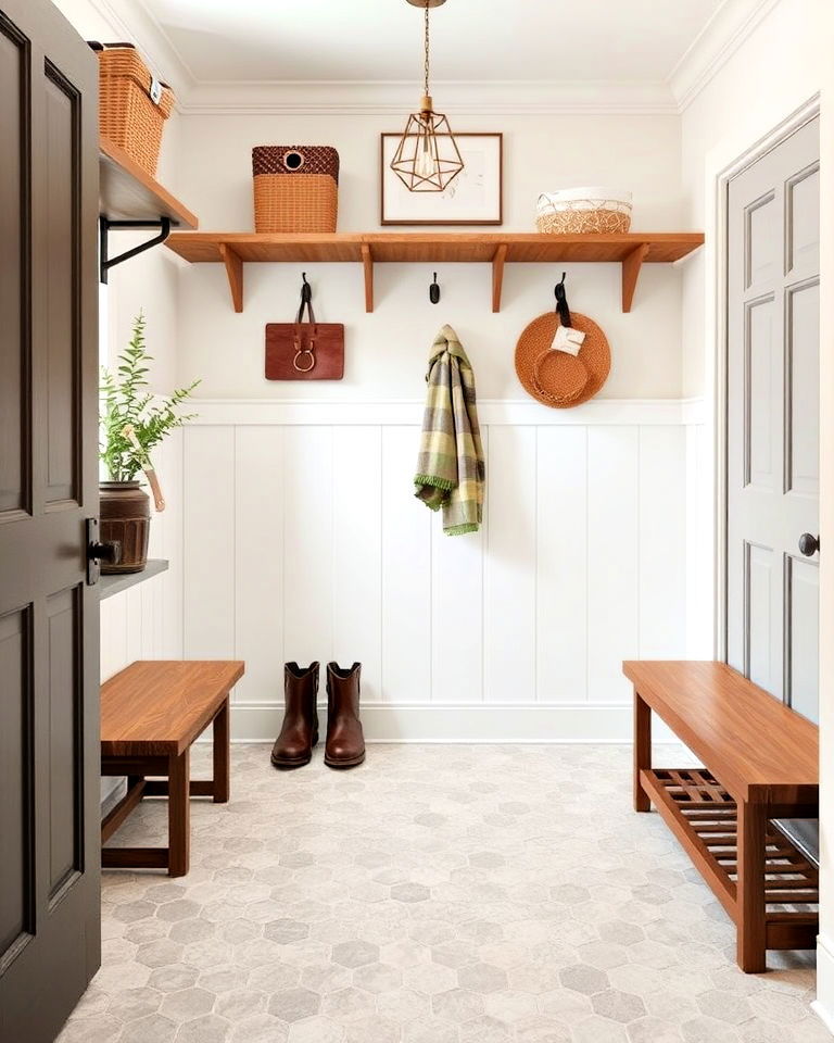 neutral toned hexagonal tiles for mudroom