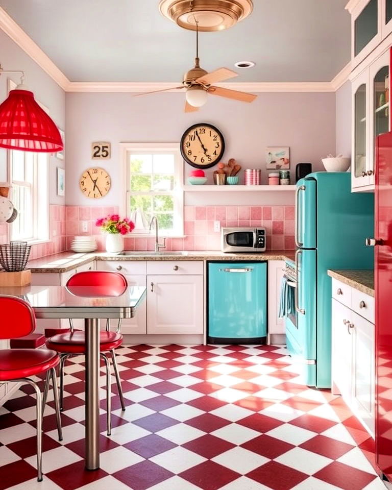 nostalgic retro style checkered kithcen floor