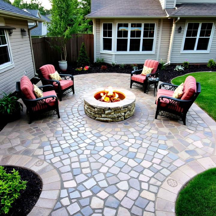 old world cobblestone patio paired with fire pit seating