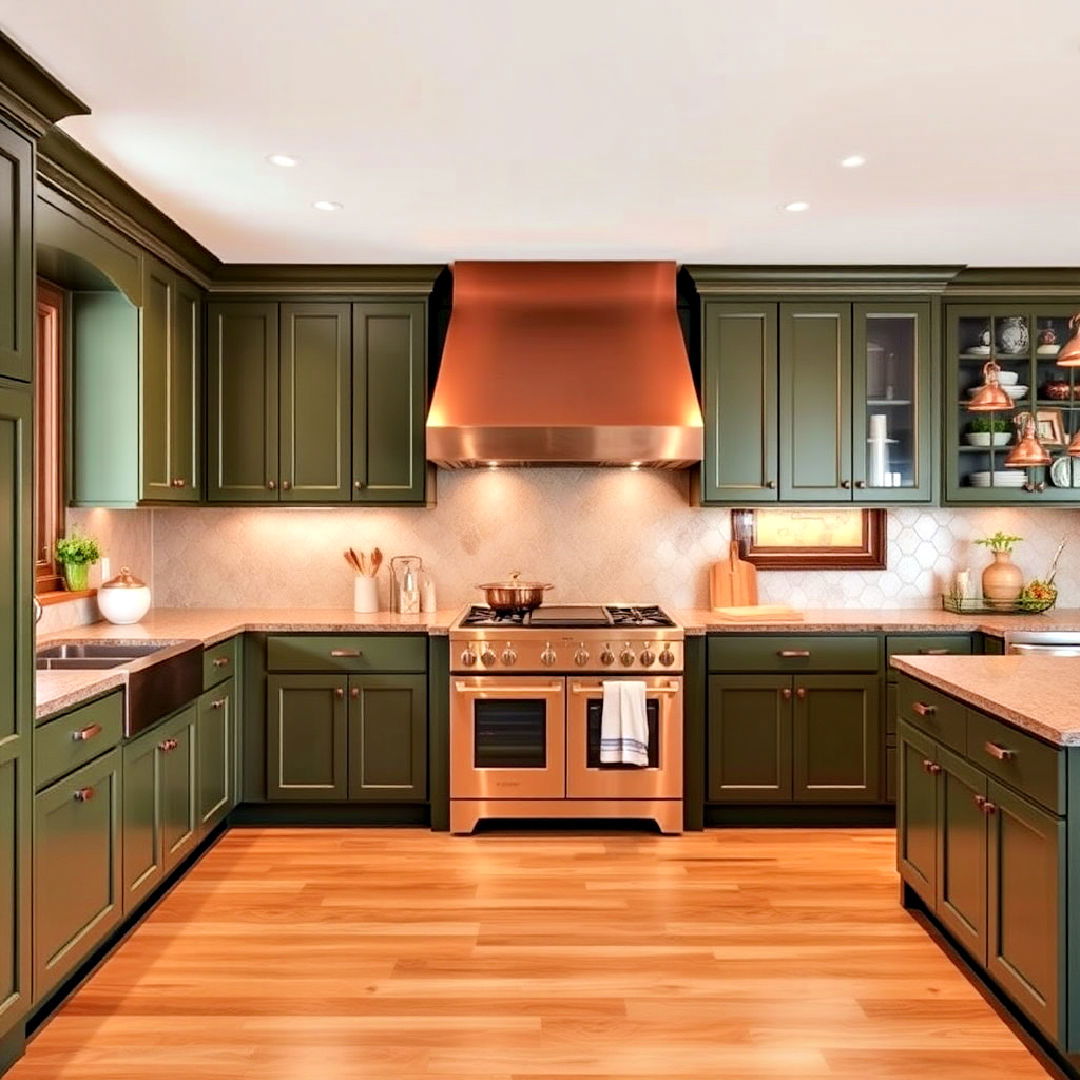 olive green cabinets paired with a copper range hood