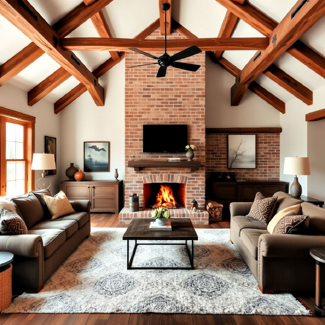 open beam ceiling and brick fireplace