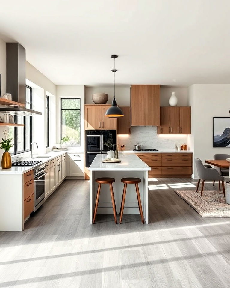 open concept grey floor kitchen