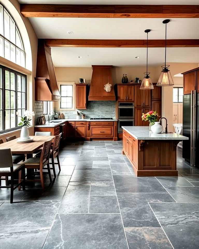 open concept kitchen with seamless slate floor