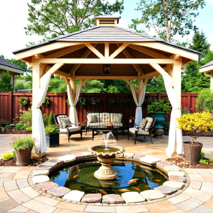 open frame gazebo with a tranquil water feature