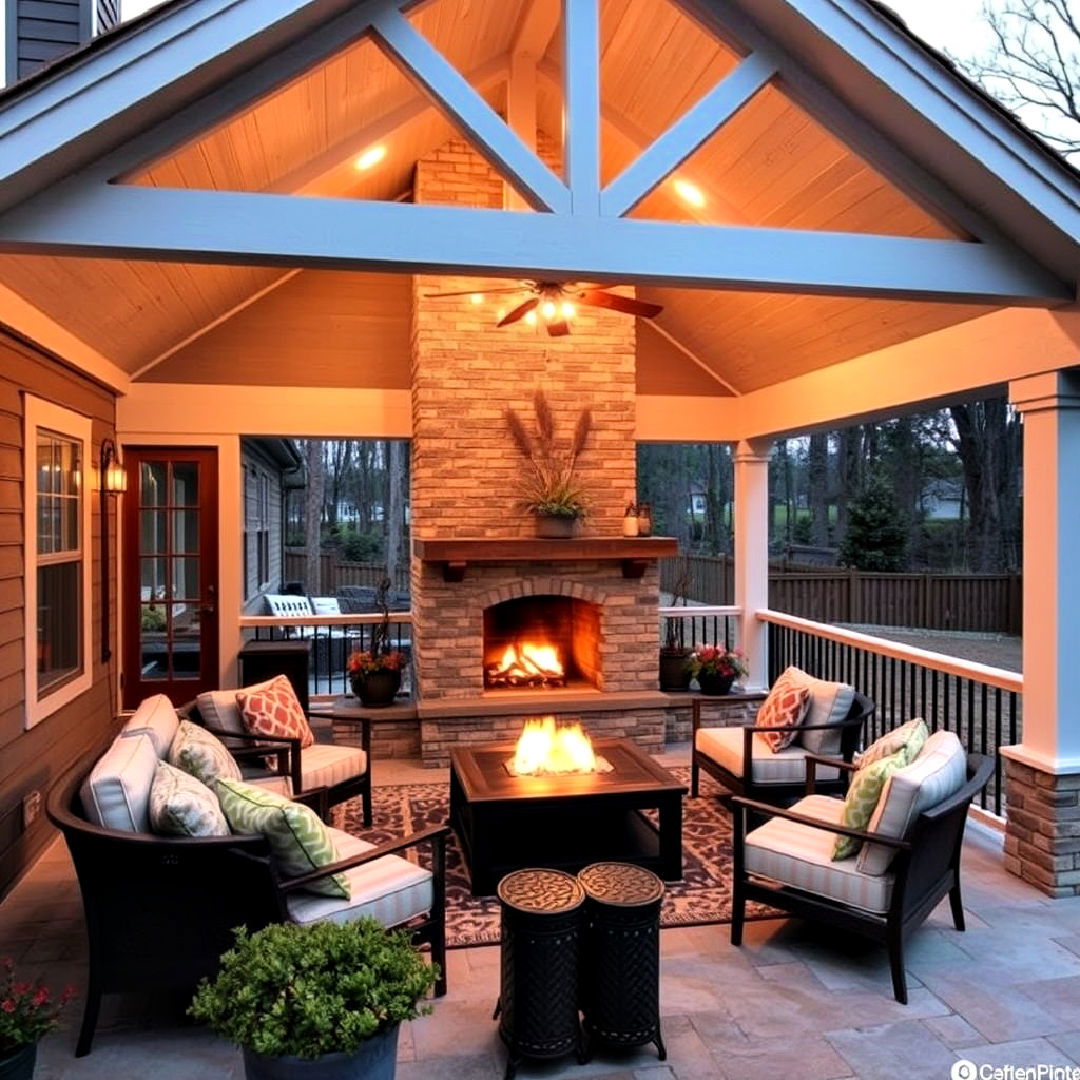 open gable porch with a cozy built in fireplace