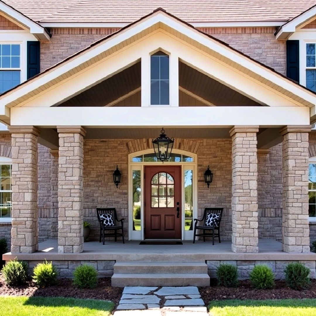 open gable porch with elegant stone columns