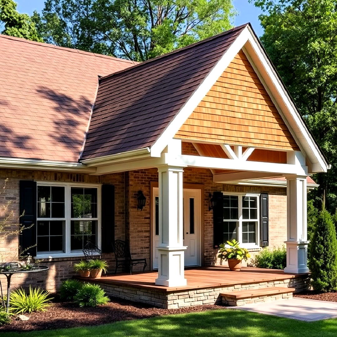 open gable porch with rustic cedar shingles