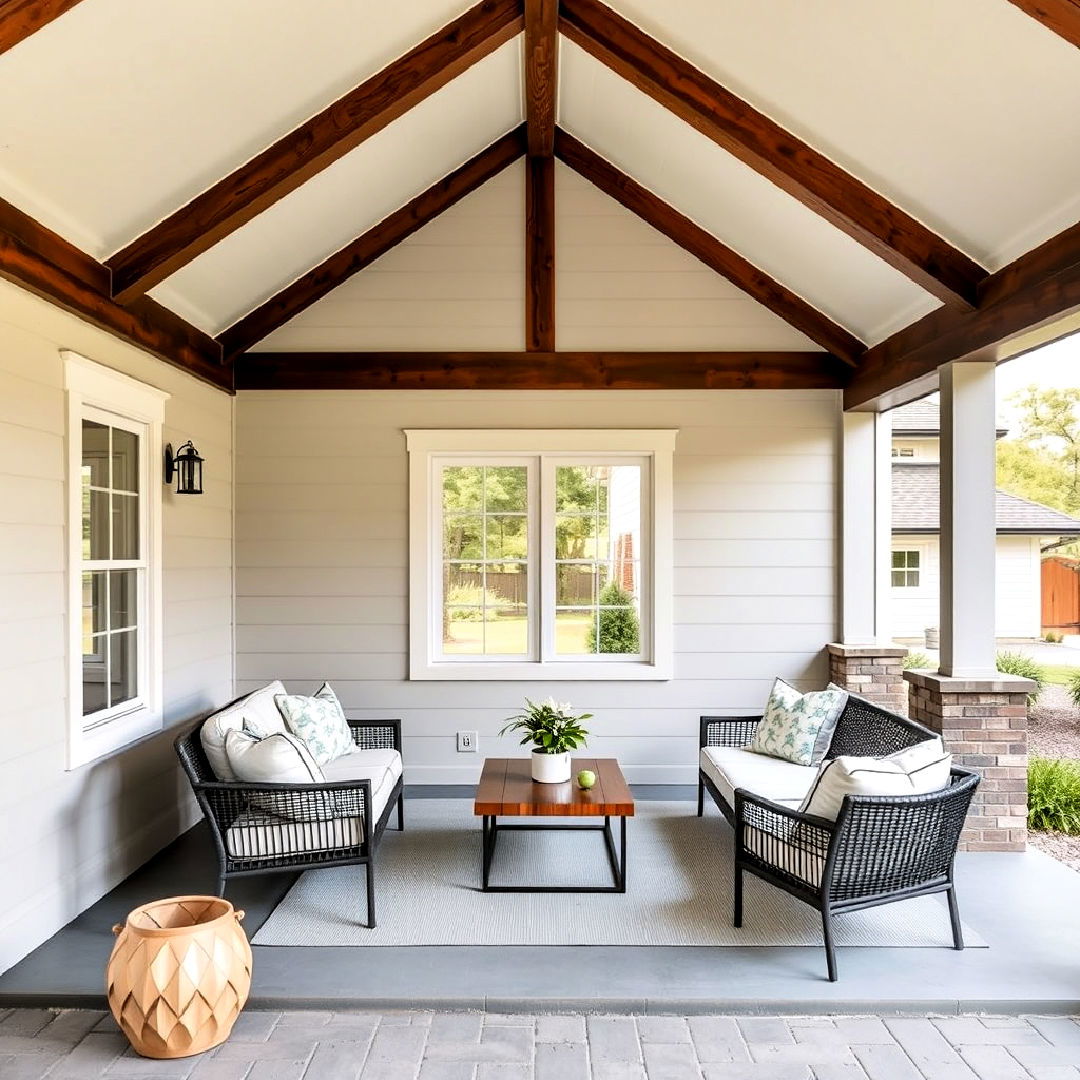 open gable porch with rustic exposed beams