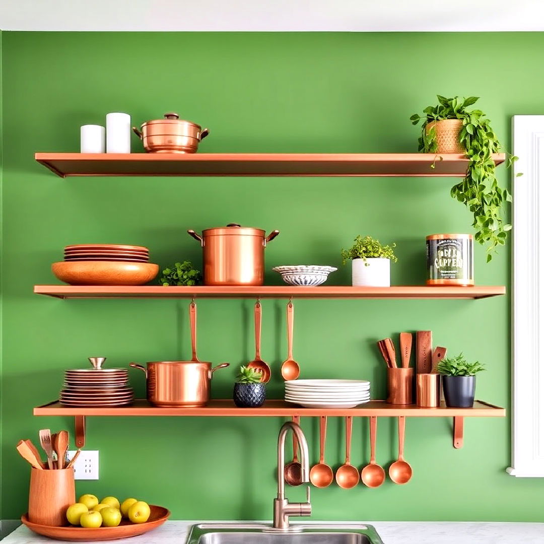 open shelving in copper against green walls