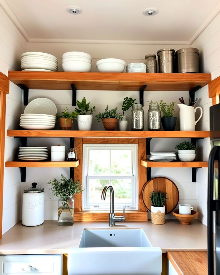 open shelving with rustic decor