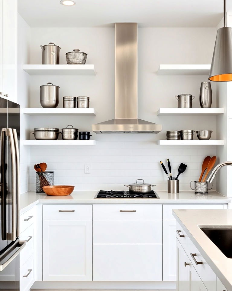 open shelving with stainless steel accents