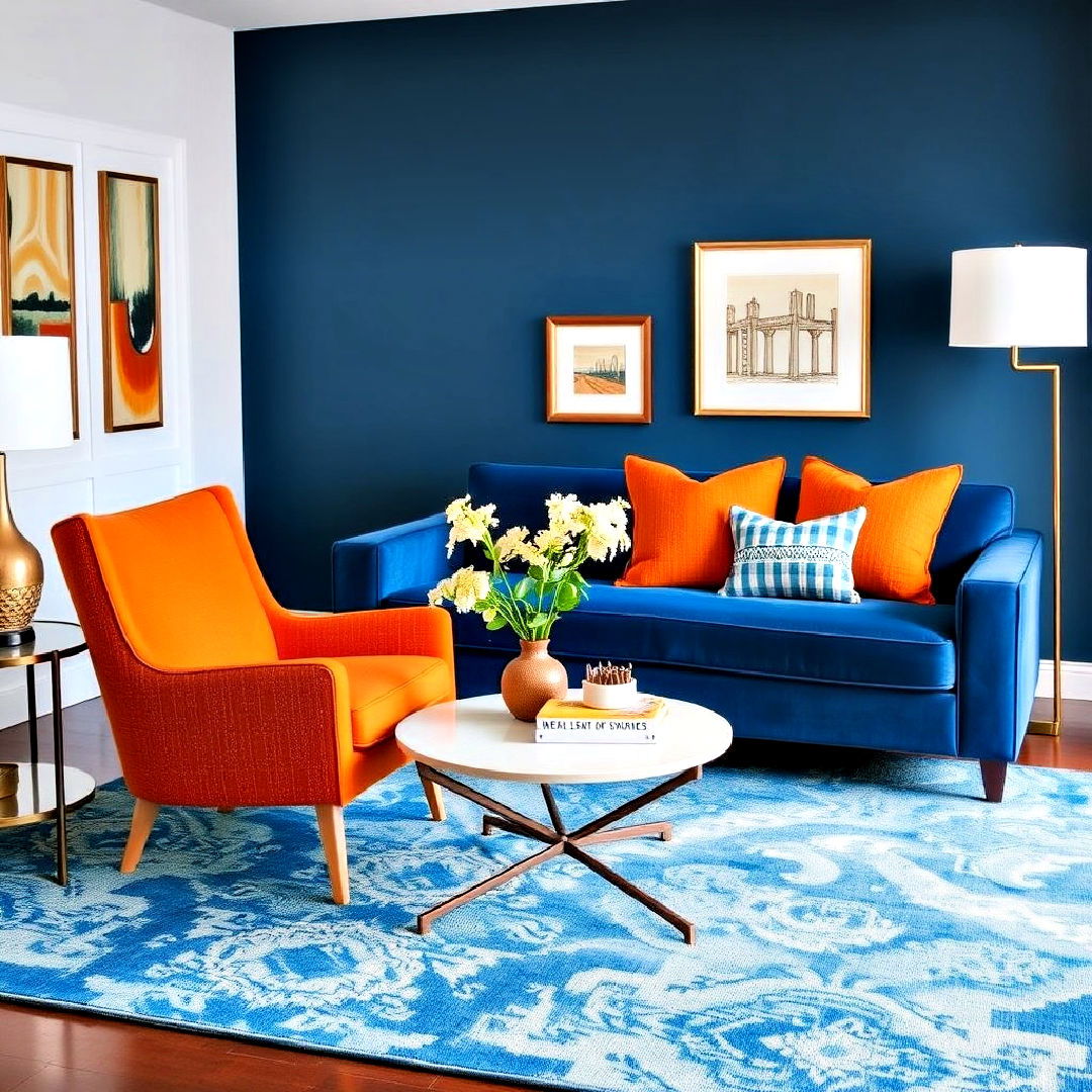 orange accent chairs with a blue sofa for living room