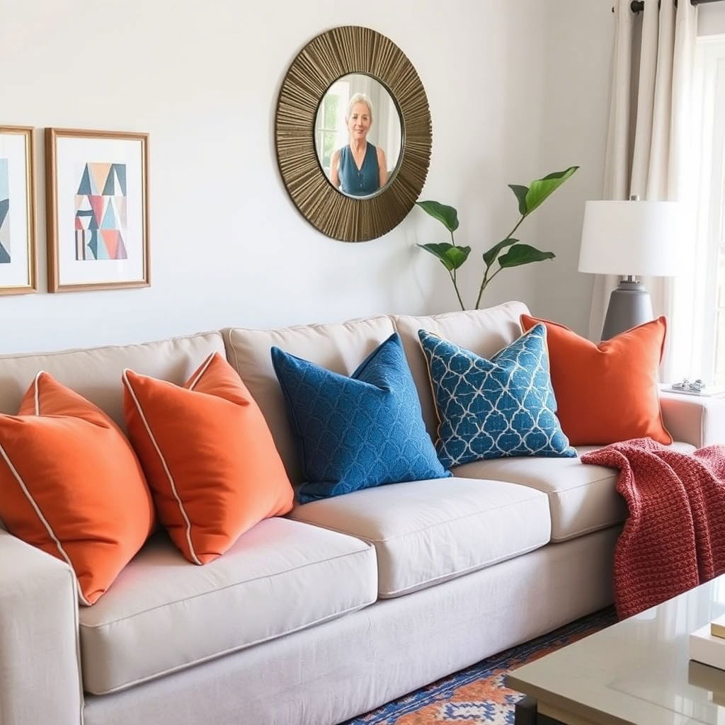 orange and blue cushions on a neutral sofa