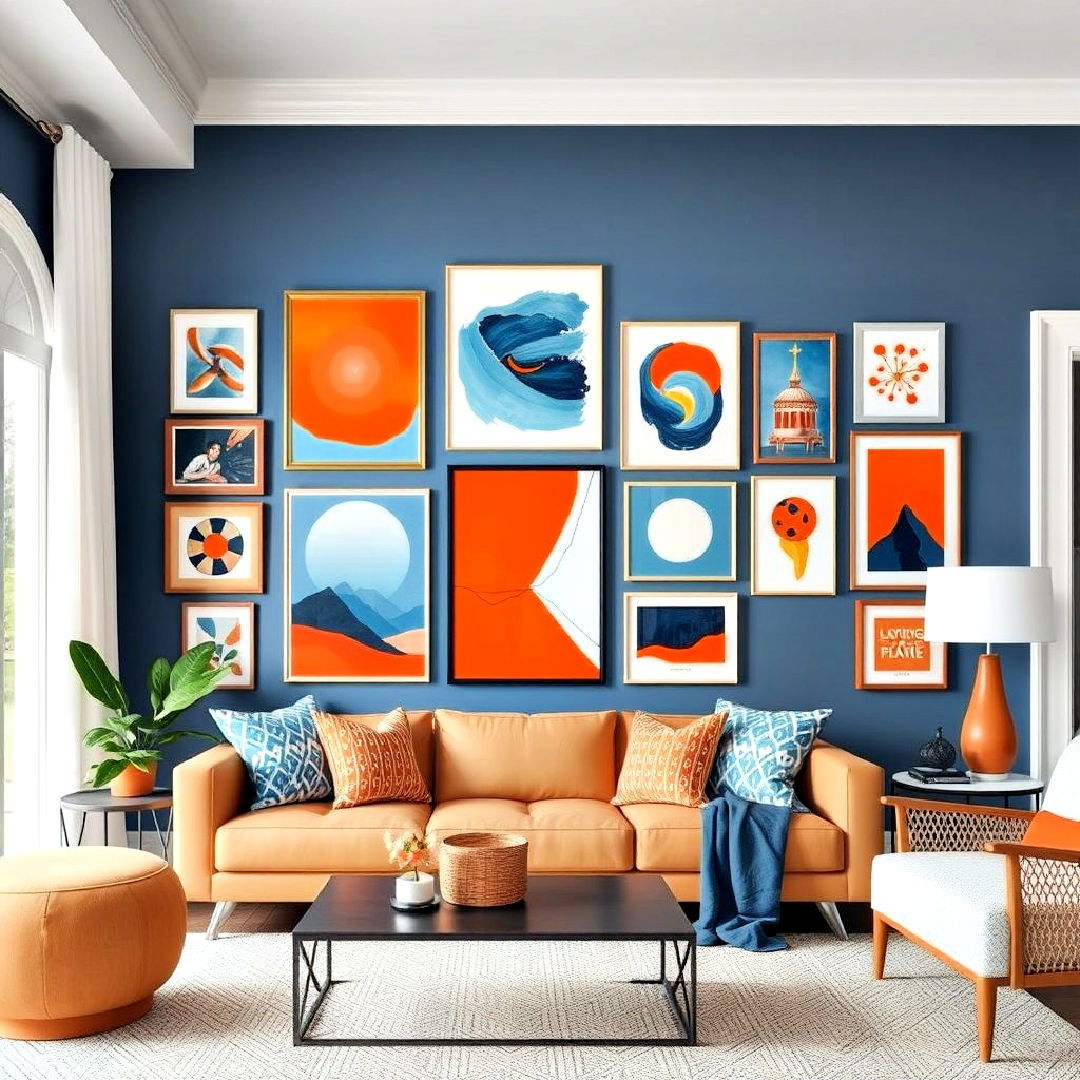 orange and blue gallery wall for a personalized touch
