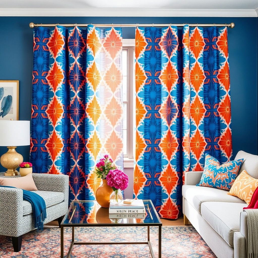 orange and blue patterned curtains for a stylish look