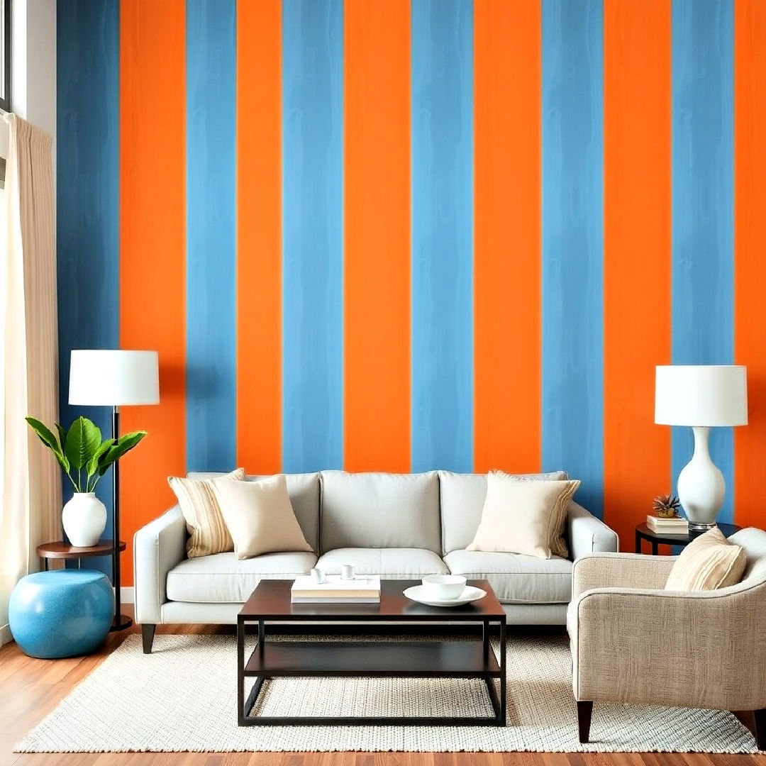 orange and blue striped accent wall