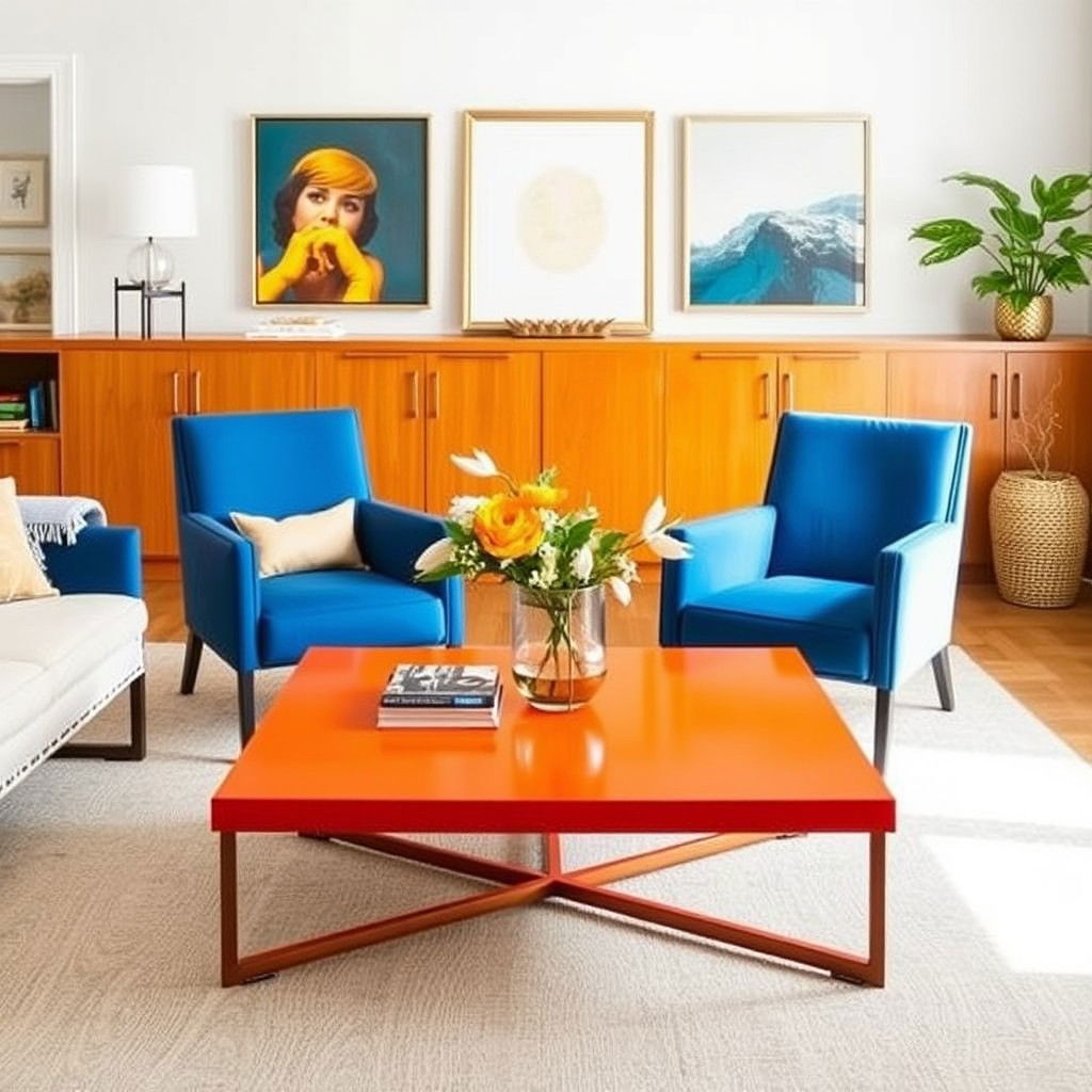 orange coffee table with blue accent chairs