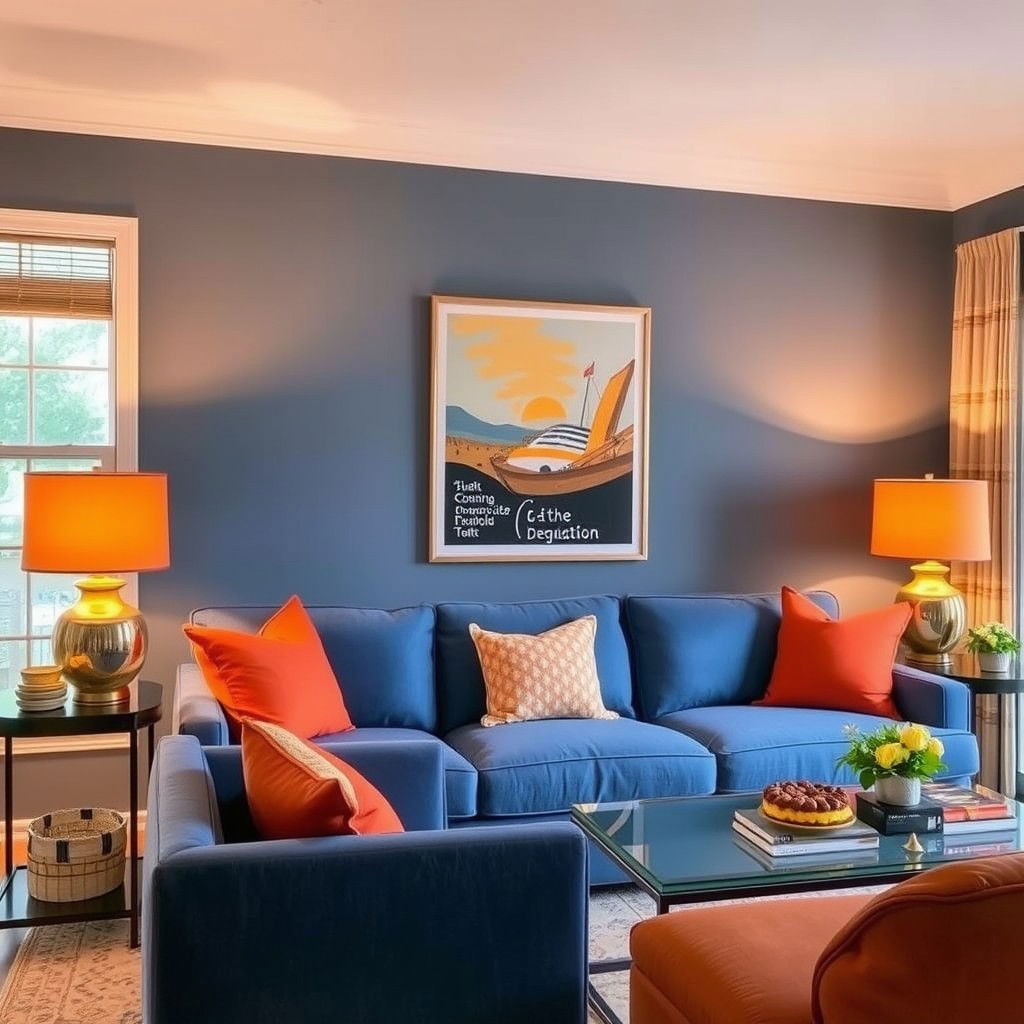 orange lampshades paired with a blue sofa
