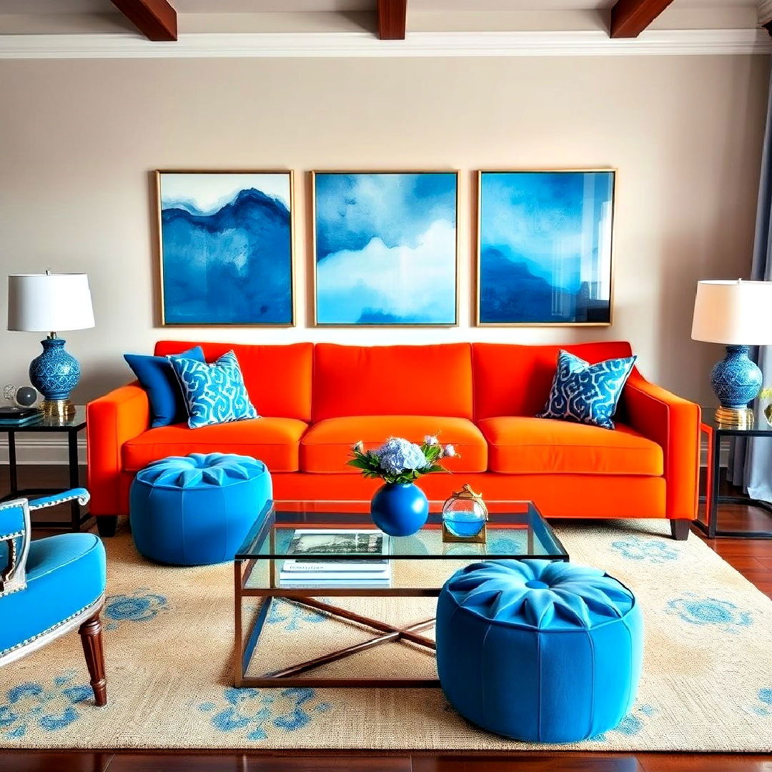 orange sofa complemented by blue accents