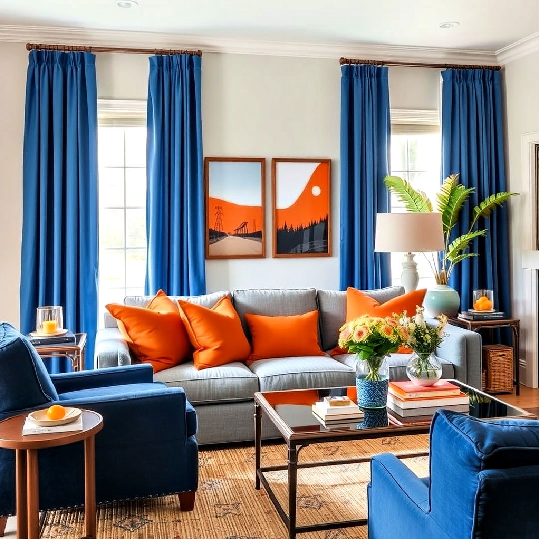orange throw pillows with blue curtains