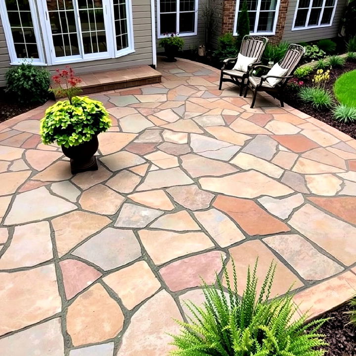 organic and rustic flagstone like stamped concrete patio