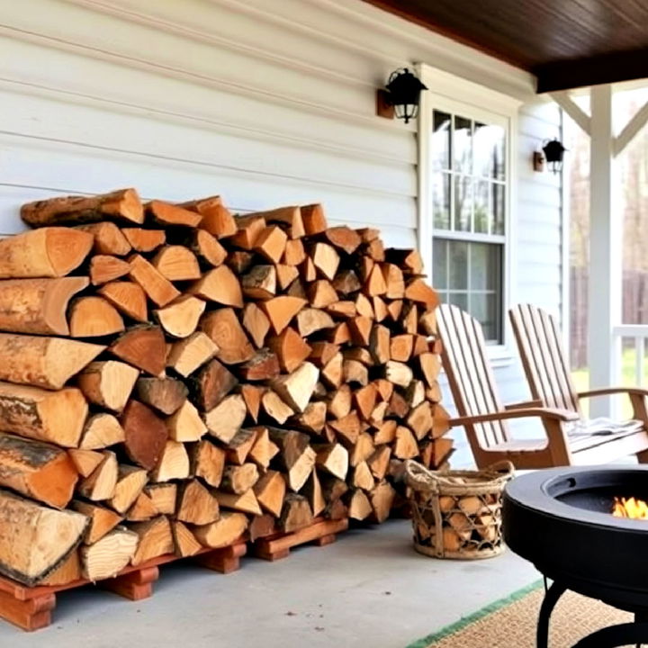 organized firewood in the front porch for rustic decor