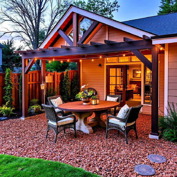 outdoor dining space with mulch flooring