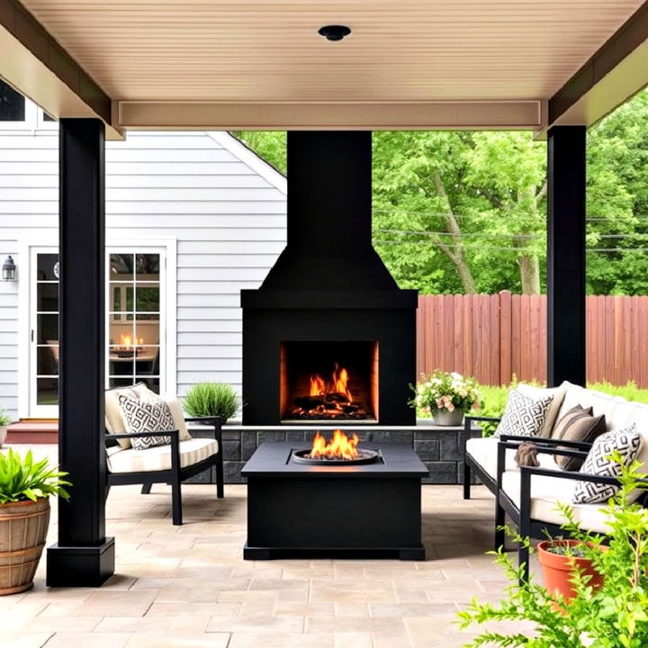 outdoor fireplace in black for a modern gathering space