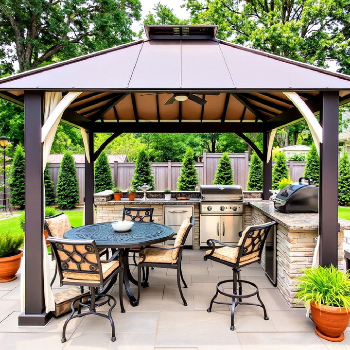 outdoor kitchen and bar area under a gazebo