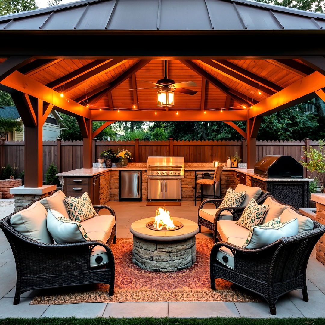 outdoor kitchen with a cozy lounge area under the gazebo