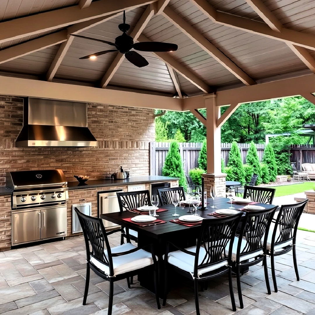 outdoor kitchen with a dining area under a gazebo