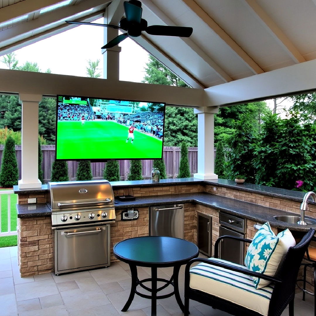 outdoor kitchen with a gazebo and outdoor tv